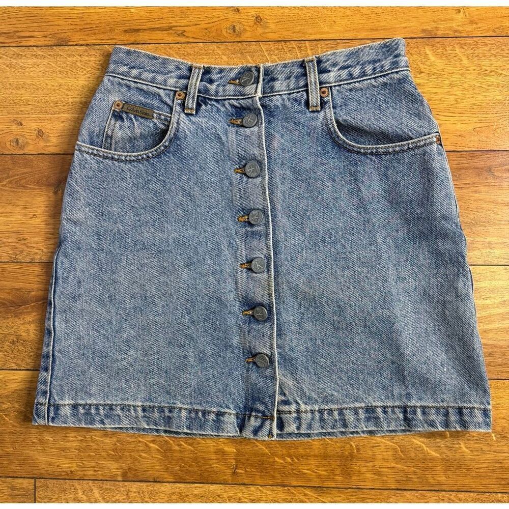 Vintage Y2K Calvin Klein Juniors Size 5 Blue A Line Button Down Jean Skirt